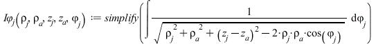 Ivarphi__j := proc (rho__j, rho__a, z__j, z__a, varphi__j) options operator, arrow; simplify(int(`/`(1, `*`(sqrt(`+`(`*`(`^`(rho__j, 2)), `*`(`^`(rho__a, 2)), `*`(`^`(`+`(z__j, `-`(z__a)), 2)), `-`(`*...