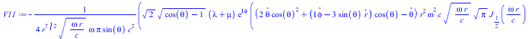 Typesetting:-mprintslash([V11 := `+`(`-`(`/`(`*`(`/`(1, 4), `*`(`^`(2, `/`(1, 2)), `*`(`^`(`+`(cos(theta), `-`(1)), `/`(1, 2)), `*`(`+`(lambda, mu), `*`(exp(`*`(I, `*`(phi))), `*`(`+`(`*`(`+`(`*`(2, `...