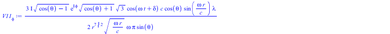 Typesetting:-mprintslash([`V11__φ` := `+`(`/`(`*`(`*`(`/`(3, 2), `*`(I)), `*`(`^`(`+`(cos(theta), `-`(1)), `/`(1, 2)), `*`(exp(`*`(I, `*`(phi))), `*`(`^`(`+`(cos(theta), 1), `/`(1, 2)), `*`(`^`(3,...