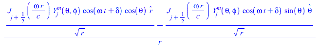 `/`(`*`(`+`(`/`(`*`(BesselJ(`+`(j, `/`(1, 2)), `/`(`*`(omega, `*`(r)), `*`(c))), `*`(SphericalY(j, m, theta, phi), `*`(cos(`+`(`*`(omega, `*`(t)), delta)), `*`(cos(theta), `*`(_r))))), `*`(`^`(r, `/`(...